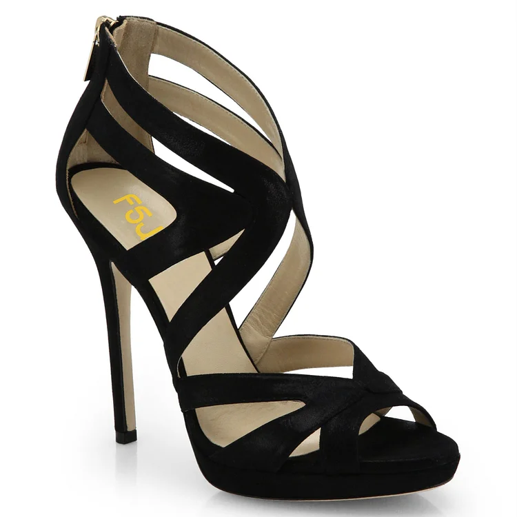 Black Suede Gold Straps Sexy High Heels Stiletto Sandals Shoes