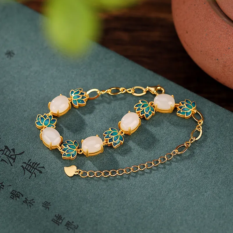 White Jade Lotus Blessing Chain Bracelet