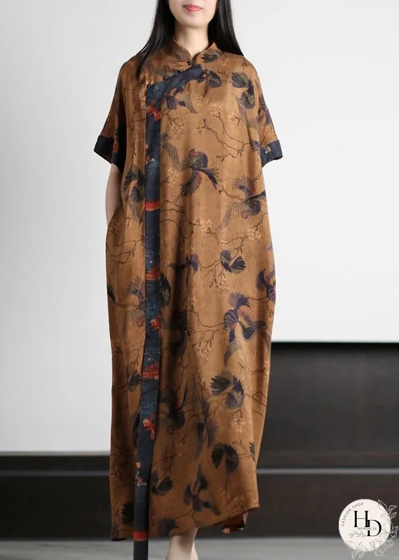 Vintage Yellow Mandarin Collar Print Silk Cheongsam Dress Short Sleeve