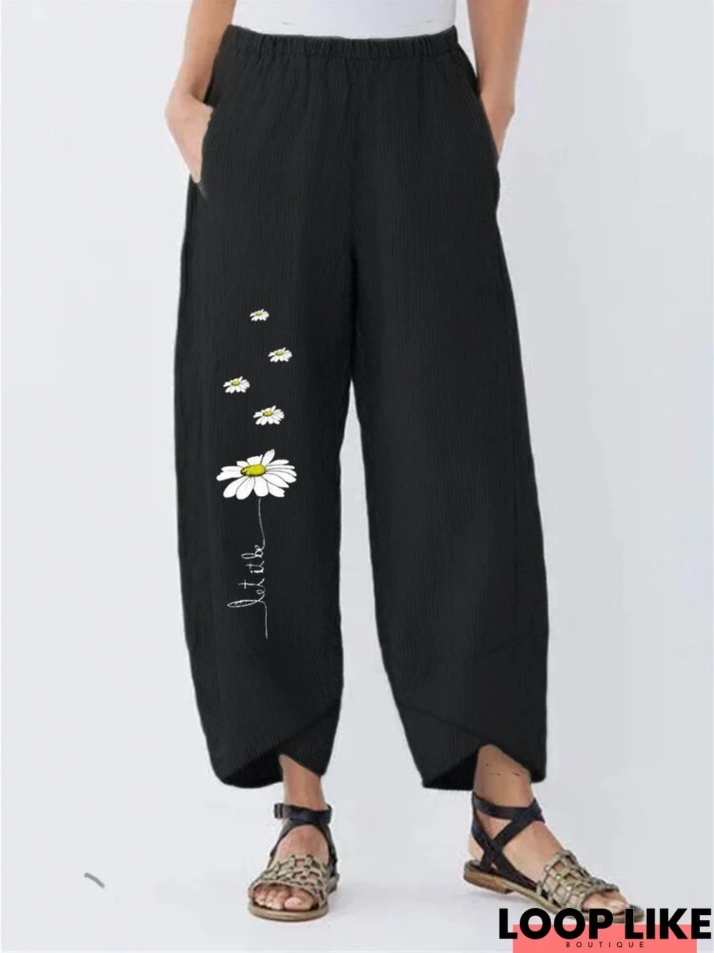 Women Black Floral Cotton Casual Bottoms