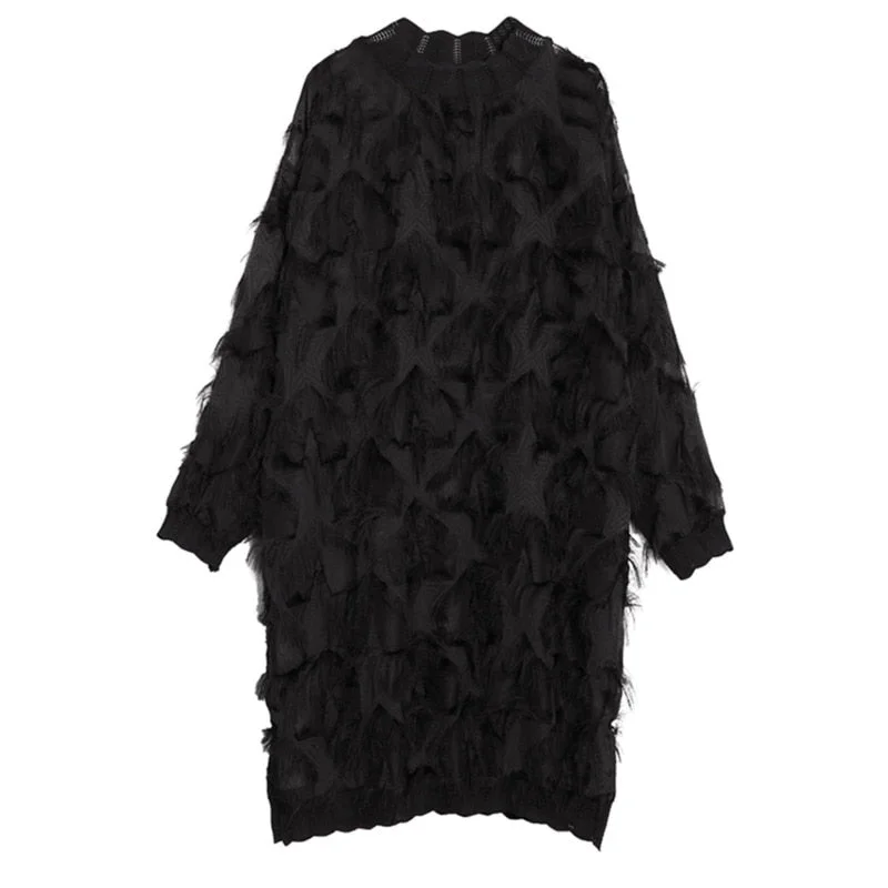 UForever21 2022 New Spring Autumn Stand Collar Long Sleeve Perspective Black Loose Tassels Big Size Dress Women Fashion Tide JI780