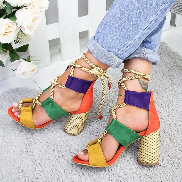 Hemp Rope Strap Sandals with Thick Heel  Stunahome.com
