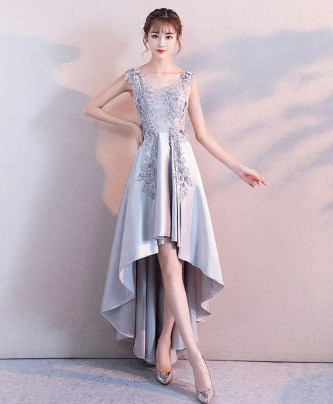Gray Lace Satin High Low Prom Dress, Lace Evening Dress