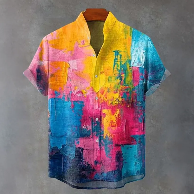 Men's Retro Colorful Oil Painting Color Block Art Print Cotton Linen Short-sleeve Shirt  artssus