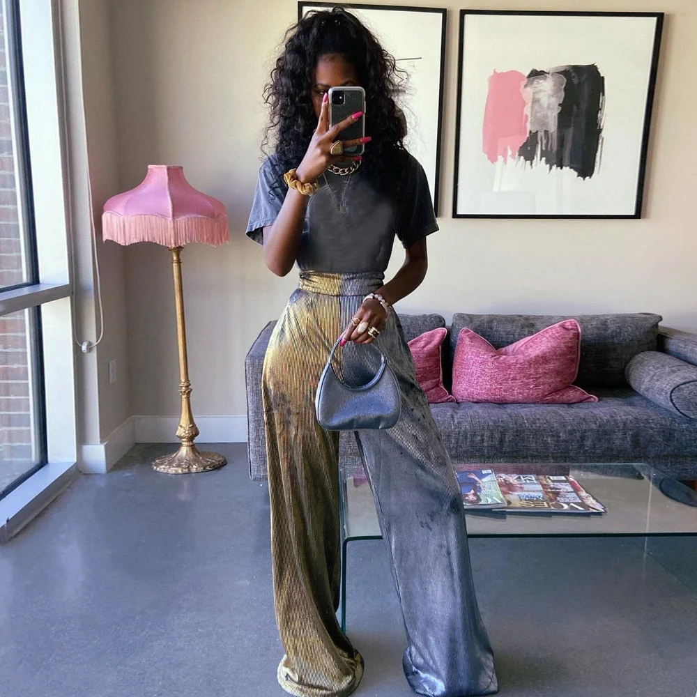 Sexy Color Blocking Wide Leg Pants Women Bicolor High Waist Gold Stamping Draping Effect Loose Trousers 2021 Fall Party Costume