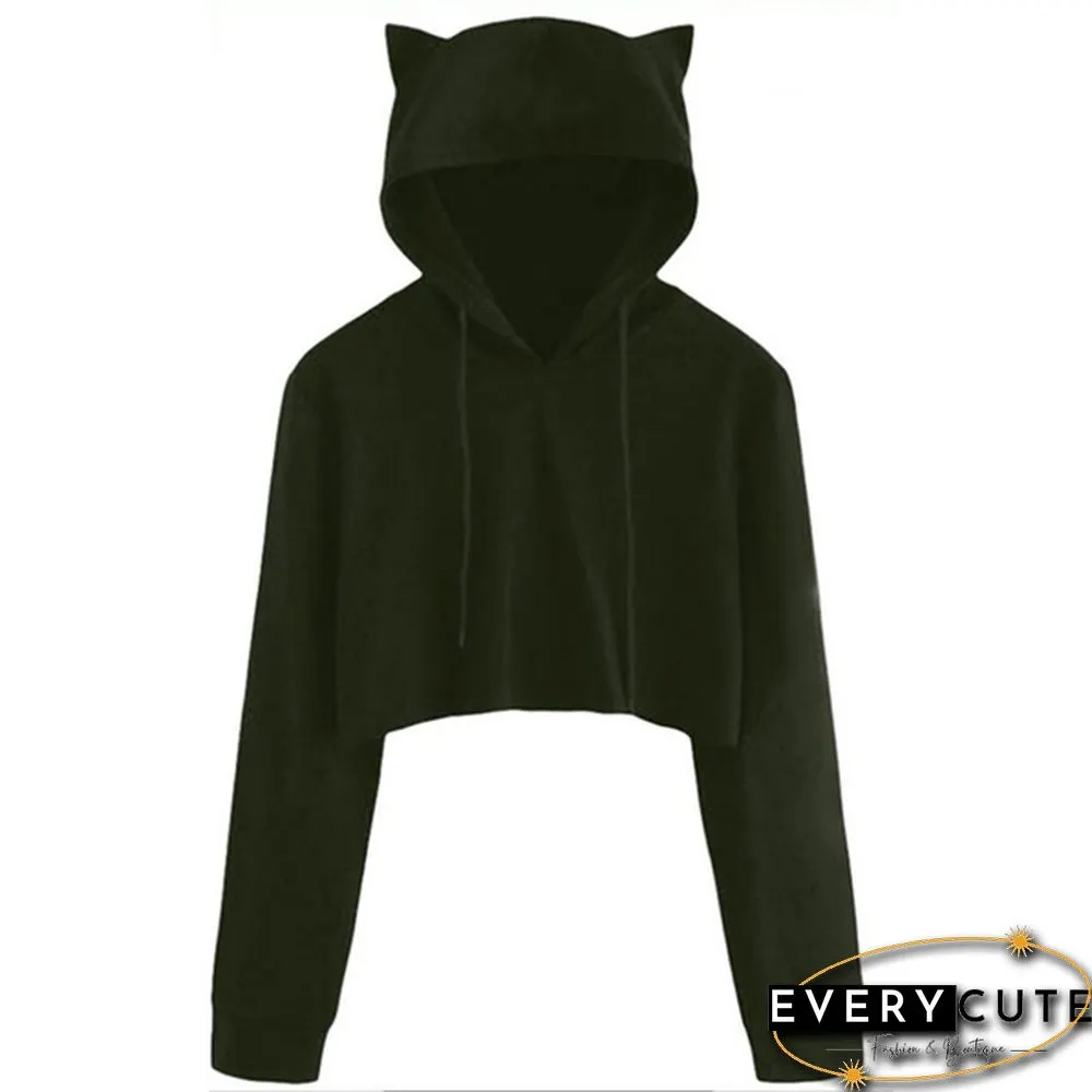 Cute Womens Sweatshirts Hoodie Crop Tops Solid Cat Ear Cropped Sweatshirt Hooded Pullover