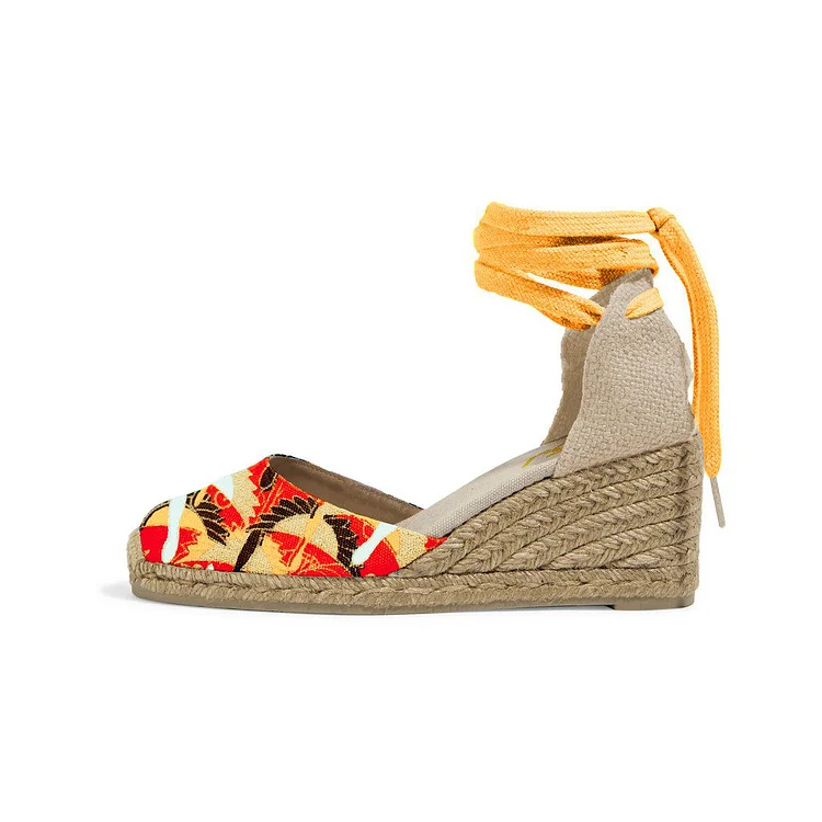 Mustard Floral Print Espadrille Wedges Ankle Wrap Closed Toe Sandals |FSJ Shoes