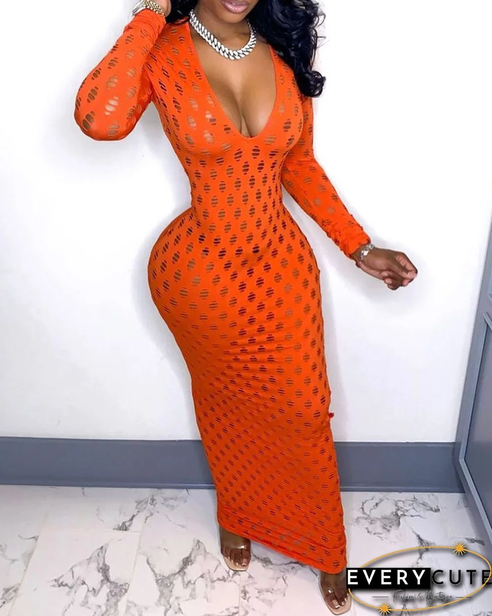 Cutout Long Sleeve Plunge Skinny Maxi Dress