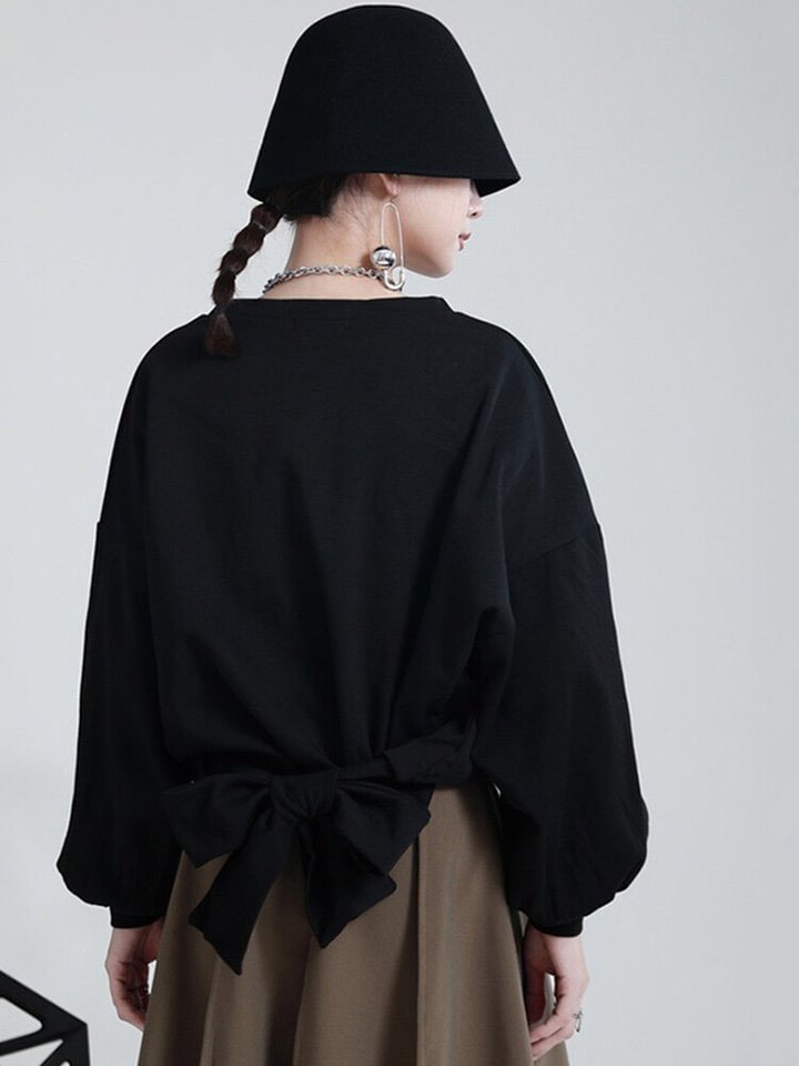 Chic Loose Solid Color Round Neck Back Bandage Bow Long Sleeve Sweatshirt 