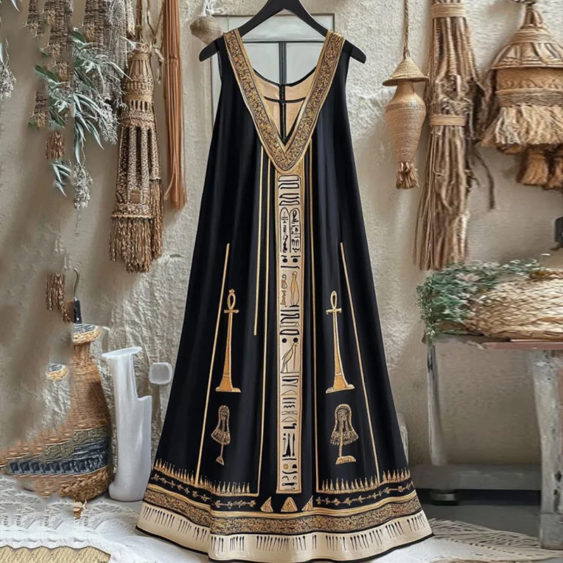 Vintage Egyptian Embroidered Art Linen Sleeveless Maxi Dress