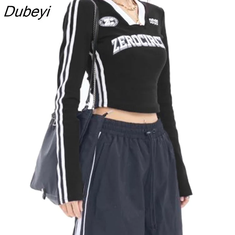 Dubeyi Korean Fashion Letter Print Crop Tops Casual Side Stripe Long Sleeve T-shirts American Retro Slim V Neck Pullovers 90s