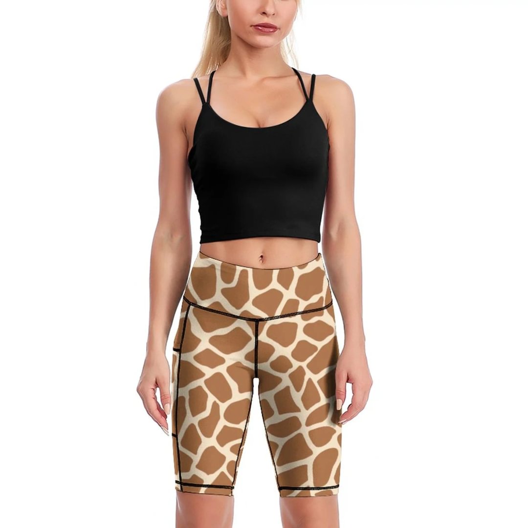 Giraffe Print Knee-Length Yoga Shorts Women High Waisted Tummy Control Workout Running Biker Shorts With Pocket