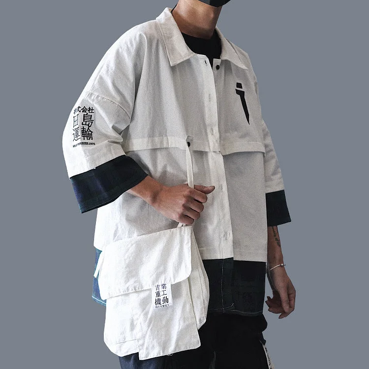 Dark Pioneer Spliced Loose Size Shoulder Bag Embroidered T-shirt Street Trendy Brand Underlay Shirt-dark style-men's clothing-halloween