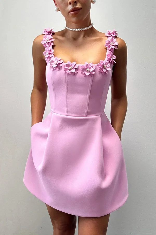 Cindy Faux Pearl Flower Applique Square Neck Pocketed Mini Dress 