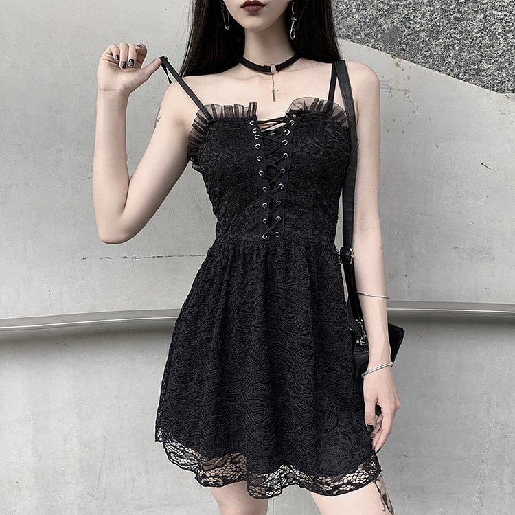Lace Strappy Black Halter Dress