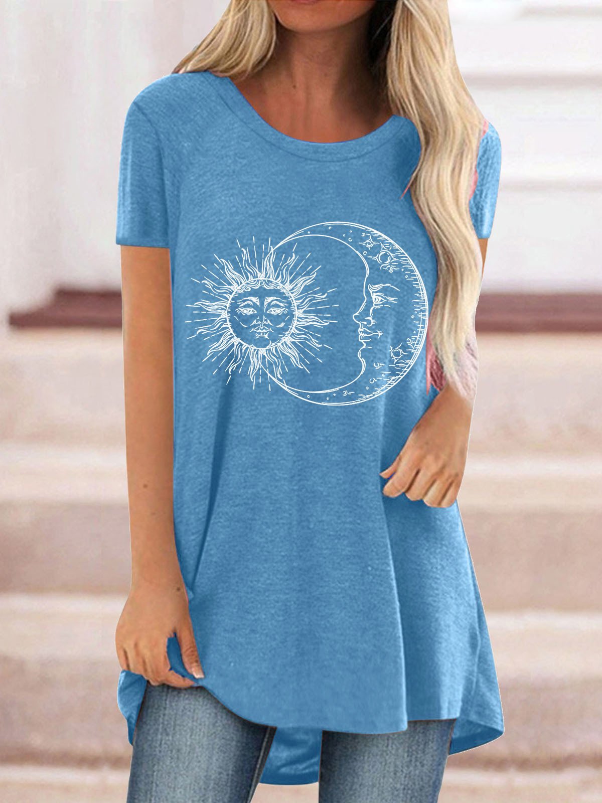 Women Casual Short Sleeve Scoop Neck Sun&Moon Floral Printed Tops