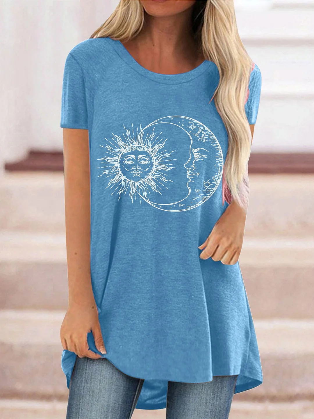 Women Casual Short Sleeve Scoop Neck Sun&Moon Floral Printed Tops