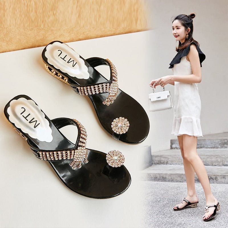 2020 Women Sandals Flip Flop Fashion Rhinestone Wedges Shoes Crystal High Heels Sandals Women Shoes Summer Casual Beach Sandals