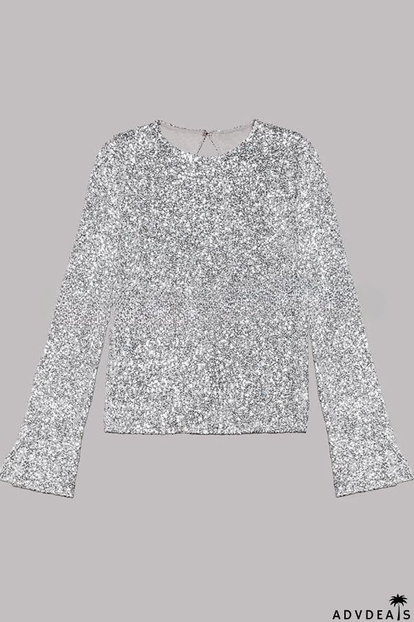 Exclusive Party Sequin Extra Long Slit Sleeves Open Back Top