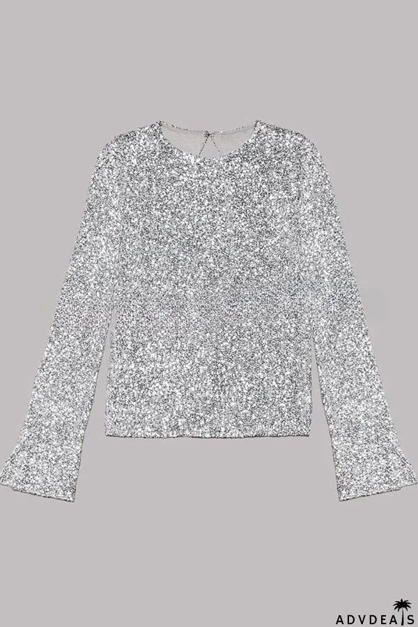 Exclusive Party Sequin Extra Long Slit Sleeves Open Back Top