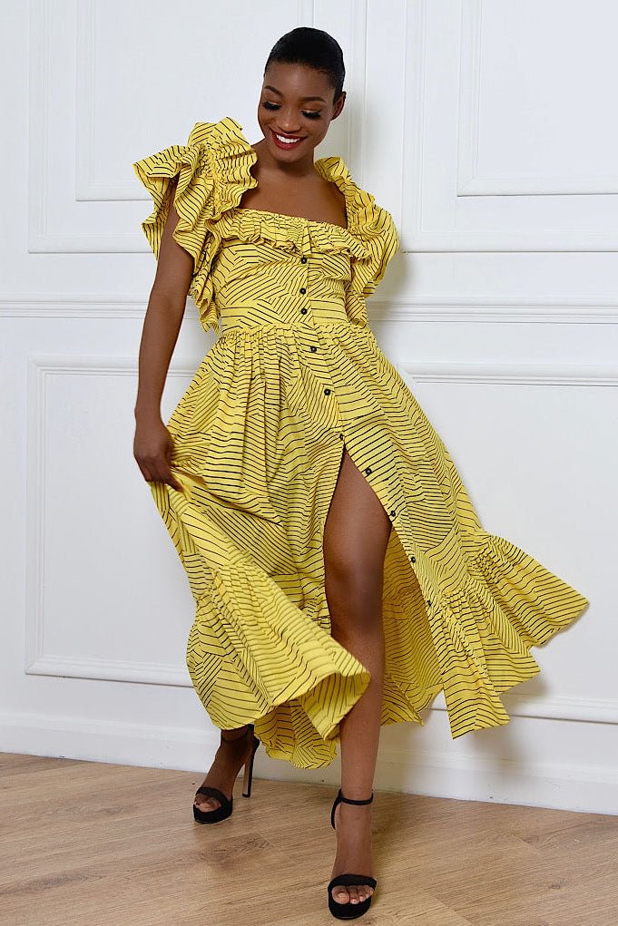 Backless Print Button Ruffle Maxi Dresses