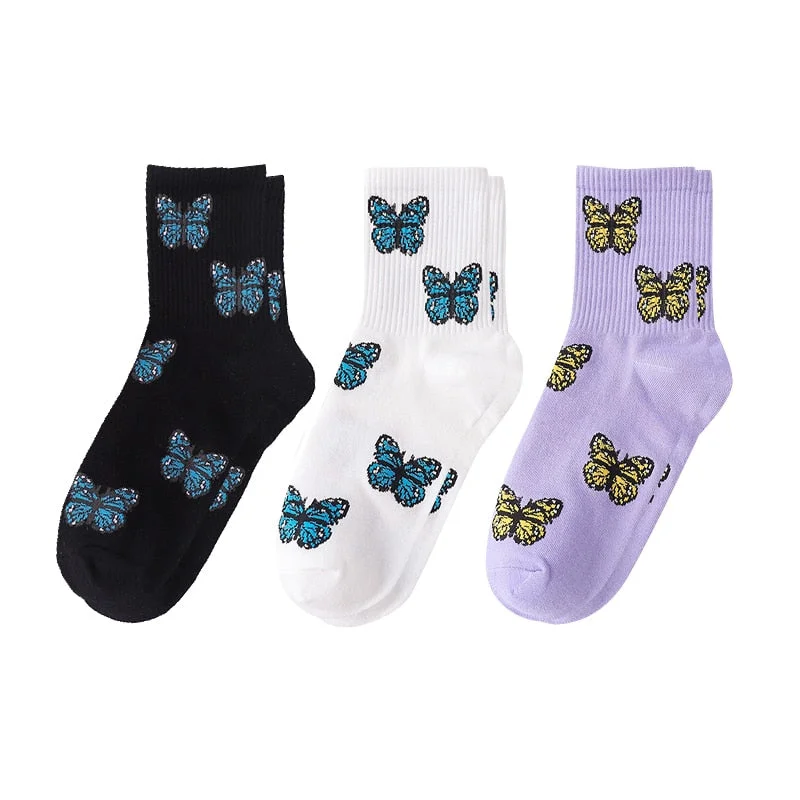 3Pair Fashion Butterfly Cotton Women Street Socks Harajuku Skateboard Tube Socks Korea Hip Hop Autumn Thick Indoor Floor Sock