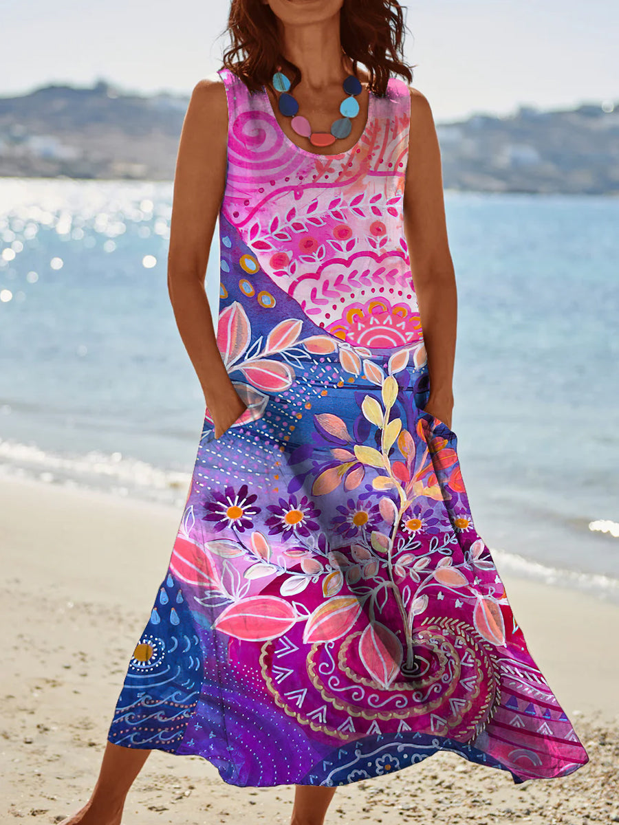 Women's Vintage Bohemian Leaf Pattern Round Neck Dress