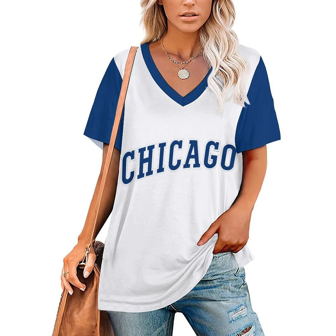 V-neck Short Sleeve Casual T-shirt for  Women Printed with Pattern,Blue,Red