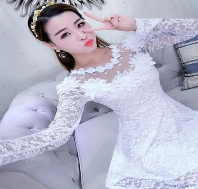 2020 Autumn New Flower Lace Women Dress Slim Long Sleeve Female Dresses