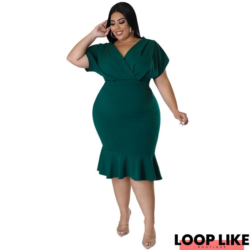 Fashion Plus Size Women Summer V-neck Cartoon Solid Color Formal Dress