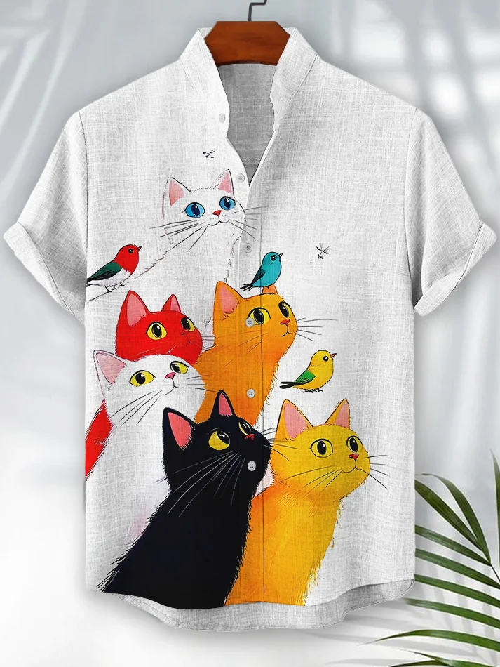 Men's Cats And Birds Art Print Casual Shirt