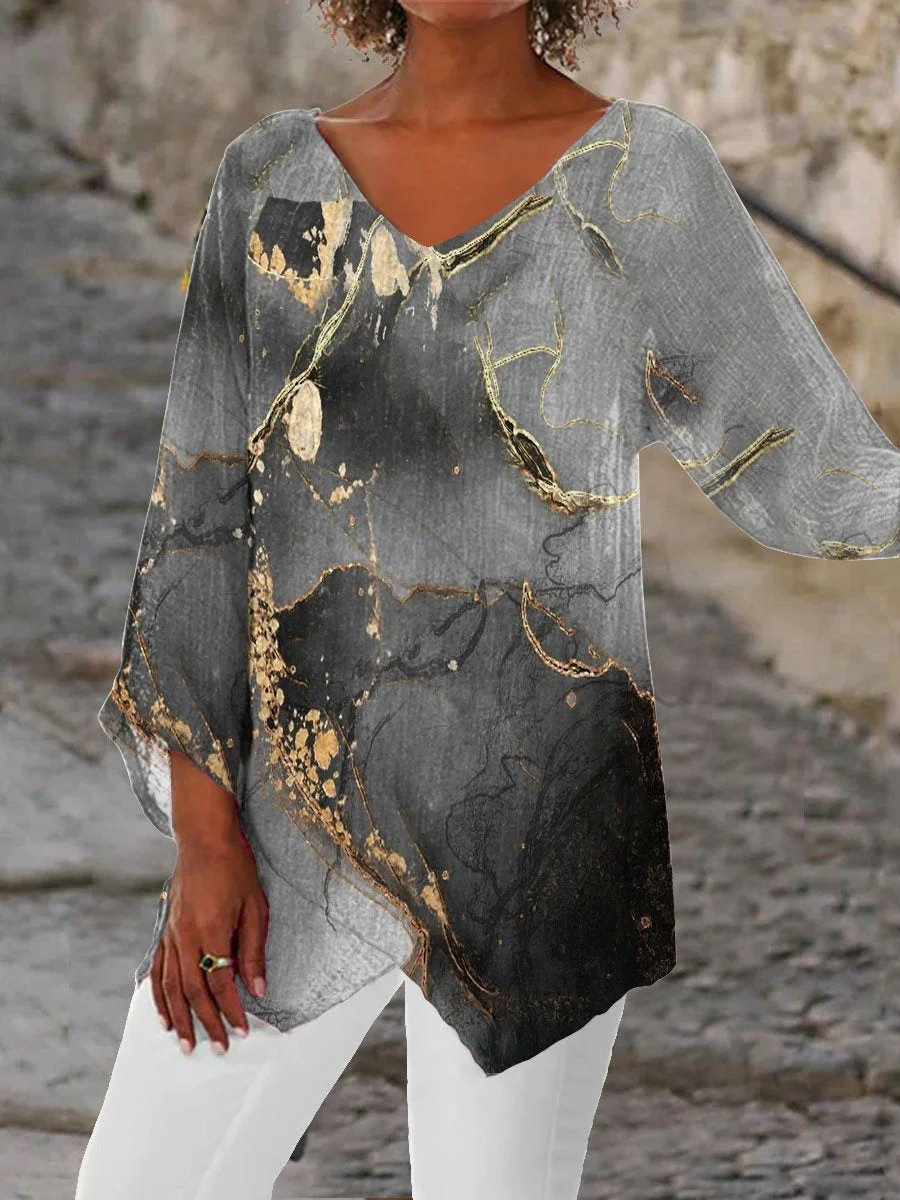 Women Asymmetrical 3/4 Sleeve V-neck Printed Graphic Top Dress