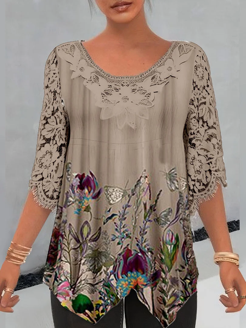 Women Asymmetrical Half Sleeve Scoop Neck Floral Printed Graphic Lace Tops