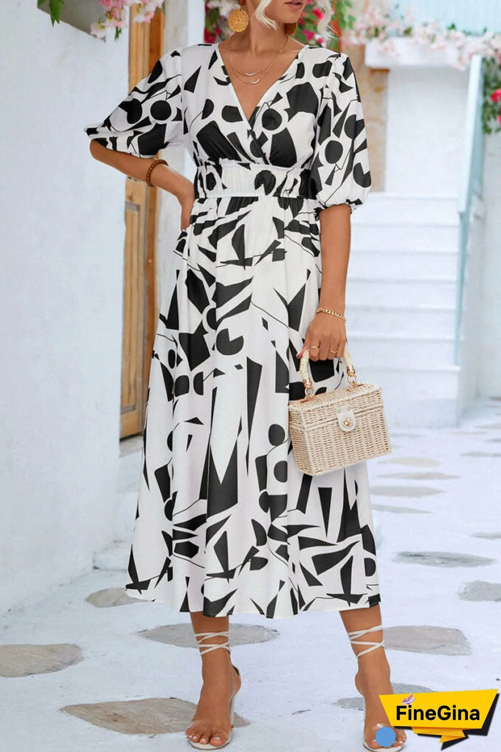 Print V Neck Beach Bubble Sleeve Midi Dress