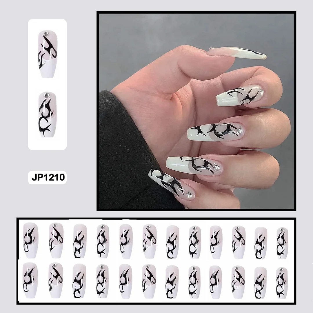 24PCS Dark Punk False Nails with Glue Gradient Long Detachable Fire Stick on Nails Skull Flame  Art DIY Fashion Manicure Tool-Nail Inspo