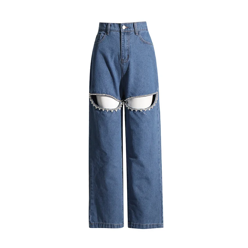 Toloer Toloer Style Autumn 2024 New Middle Waist Long Straight Cylinder Set Diamond Hollow Out Design Women's Solid Color Jeans-Outfit Ideas