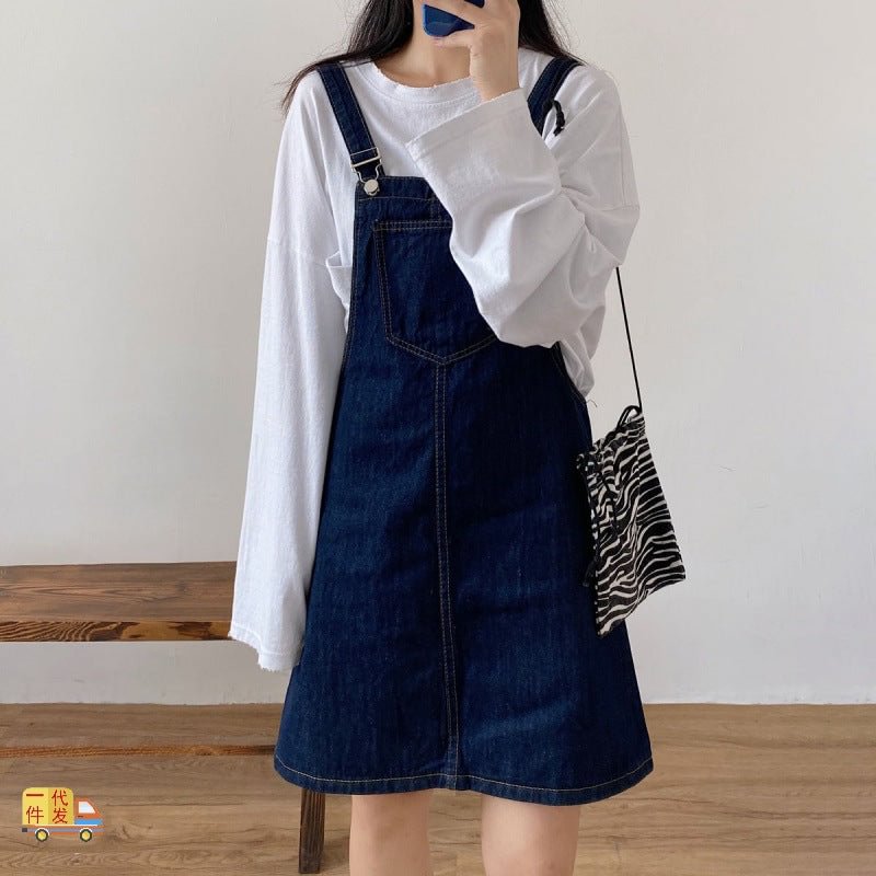Super Popular Suspender Skirt For Women Korean Style Lazy Student Sling Denim Loose Slimming Slip Dresses