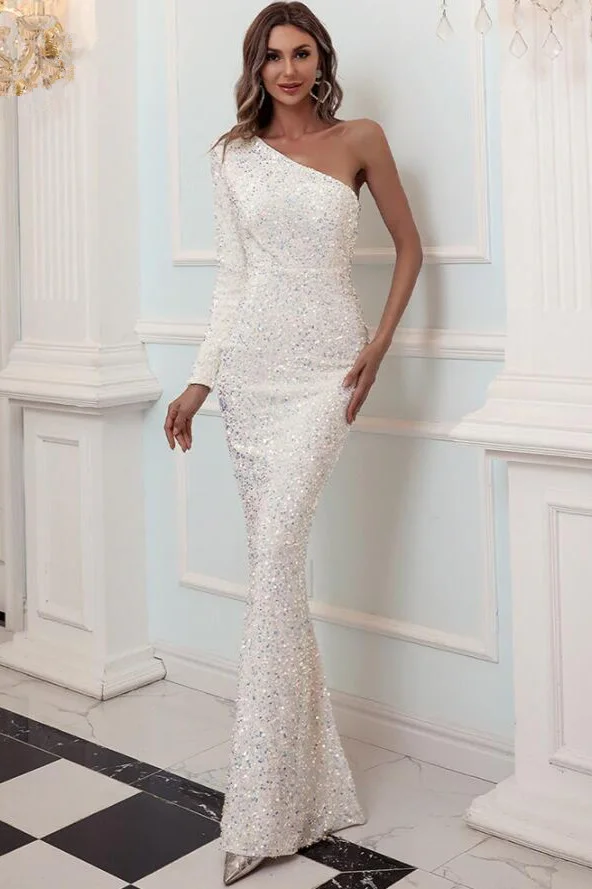 One Shoulder Long Sleeve Sequins Prom Dress Mermaid Long Evening Gowns On Sale - lulusllly