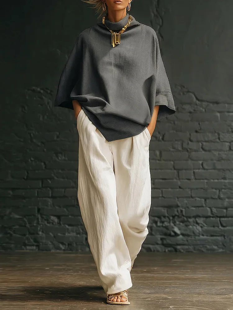 Elegant High-neck Batwing Sleeve Shirt And Wide-leg Cotton-linen Two-piece Set