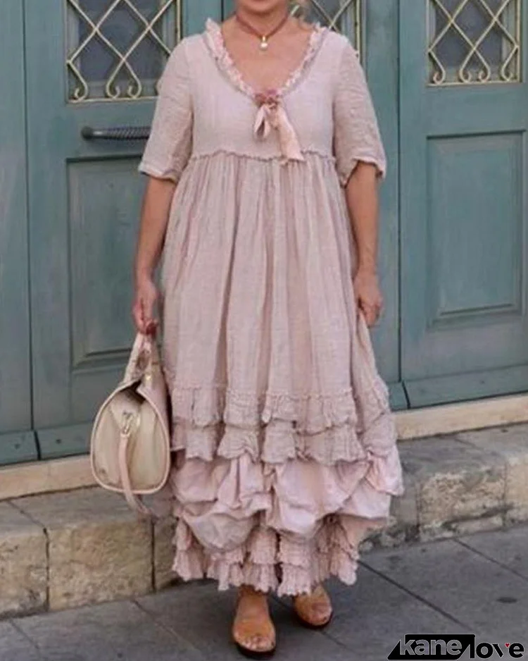 Lace Wrinkle Round Neck Short Sleeve Dress