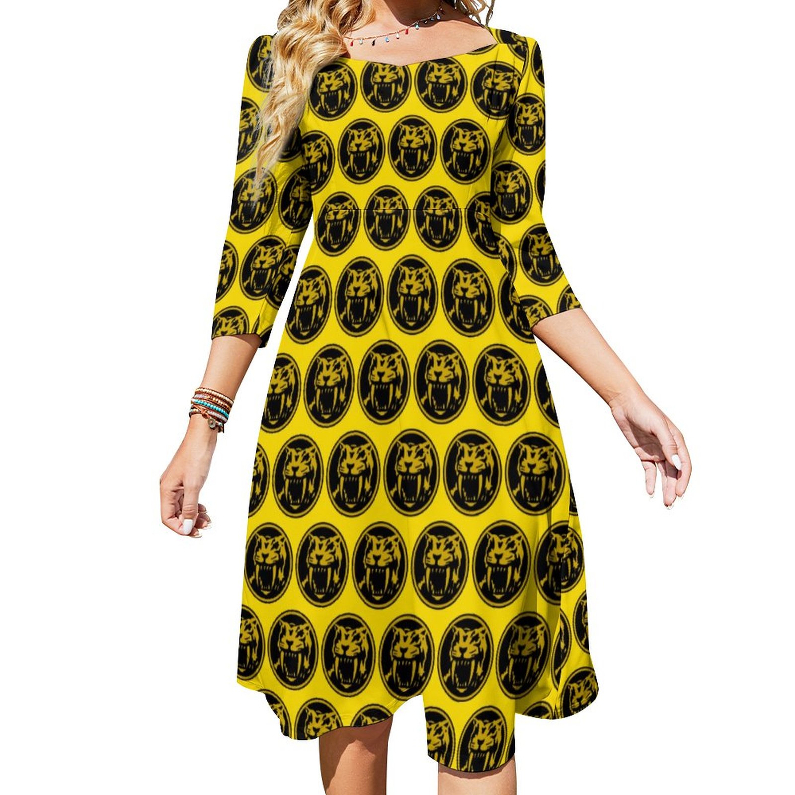Yellow Ranger Sabertooth Tiger Power Coin Dress Sweetheart Tie Back Flared 3/4 Sleeve Midi Dresses