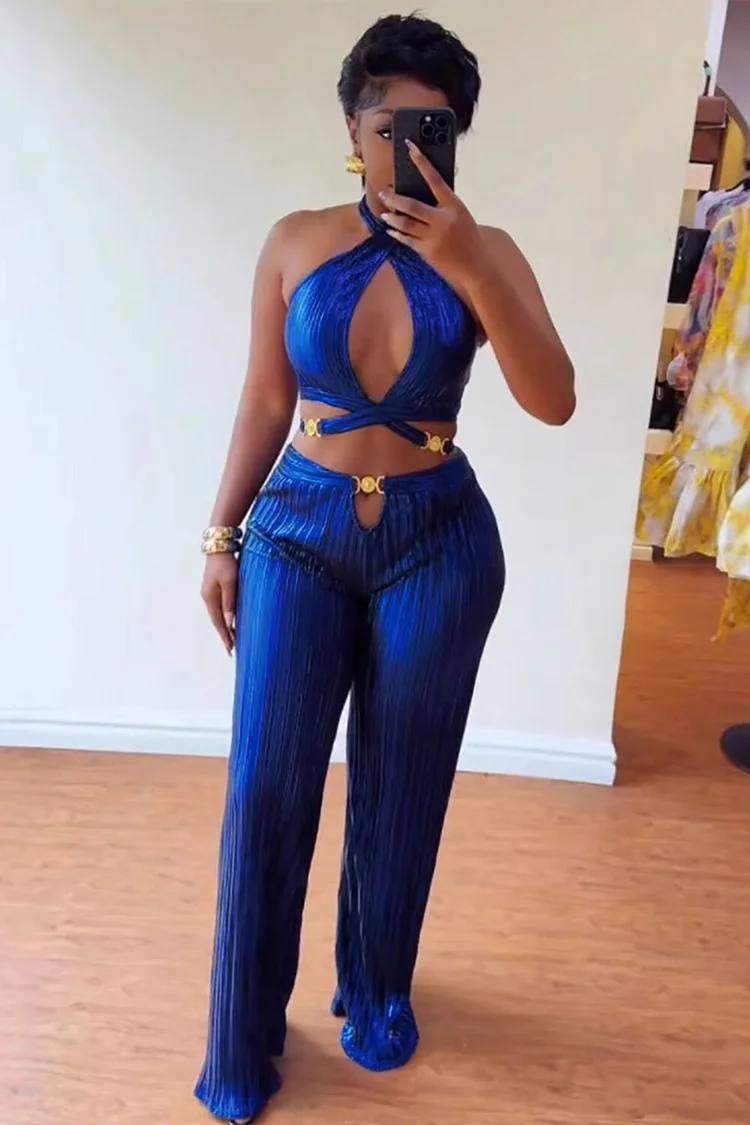 Cross Halter Cutout Crop Top Pleated Textured Pants 2pcs Set-LightBlue