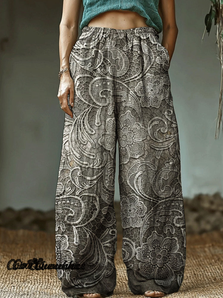 Vintage Floral Print Cotton And Linen Casual Pants Multicolor / S