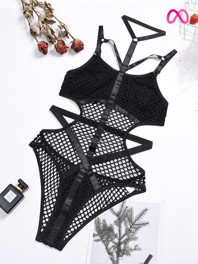 Strappy Large Mesh Teddy With Choker