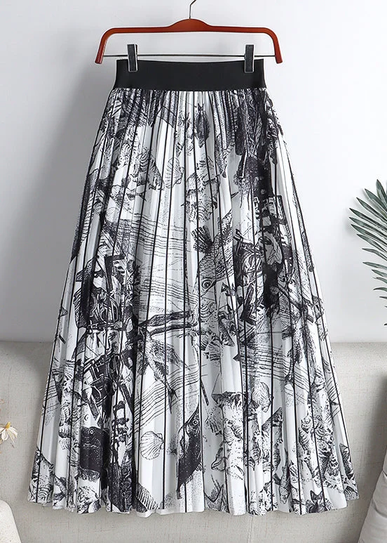 Loose Black Print Elastic Waist Cotton Pleated Skirt Spring