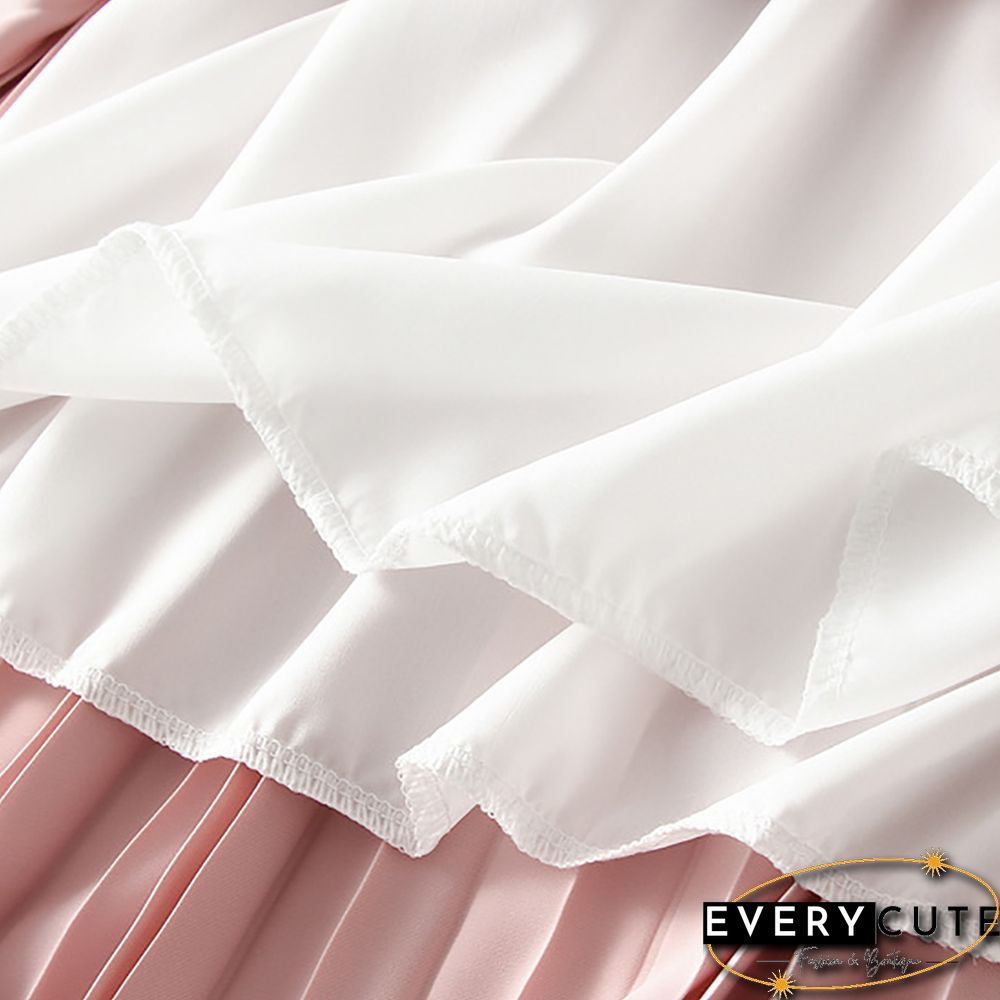 Pink Elastic Waist A-line Pleated Maxi Skirt