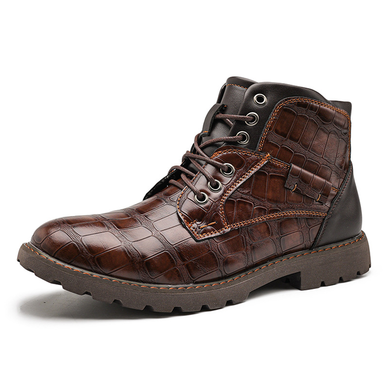 Men's Waterproof Wear-resistant Stitching Lace-up Crocodile Pattern Upper Low-cut Work Boots