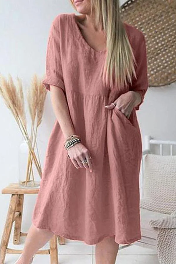 Summer New Three-Quarter Sleeve V-neck Mid-Length Loose Dress