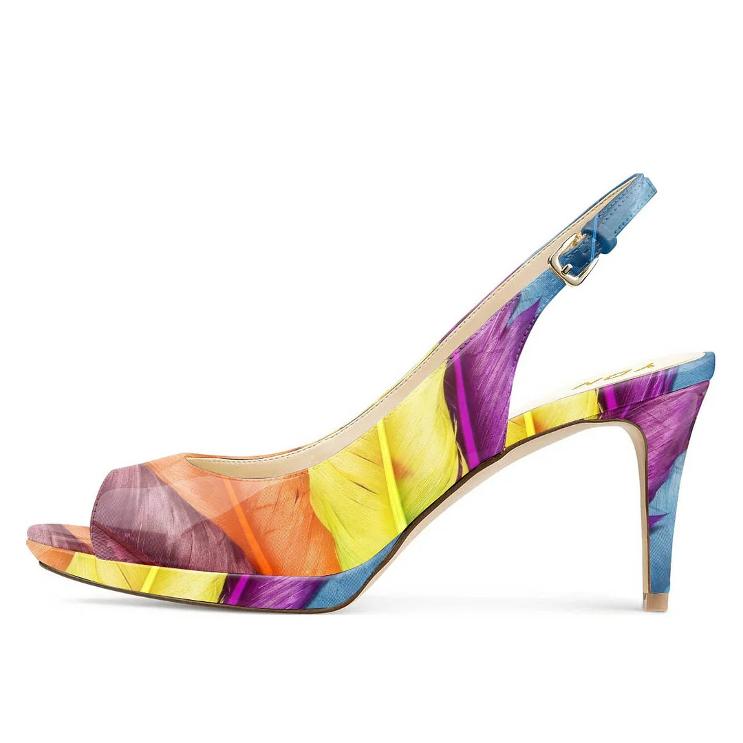 Multicolor Feather Printed Peep Toe Platform High Heels for Women