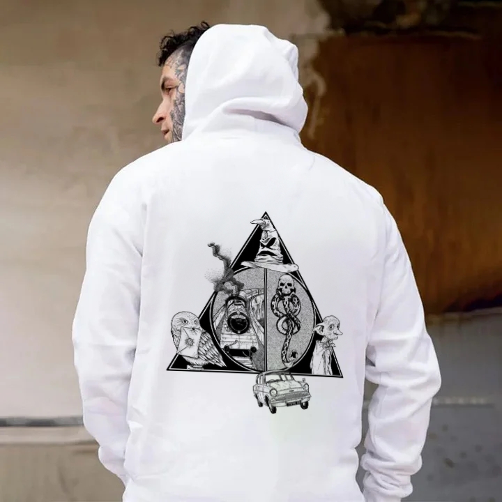 Hogwarts Triangle Harry Potter Black and White Graphic White Print Hoodie